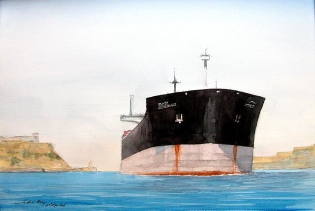 Malerei mit dem Titel "Summer tanker, Vall…" von Andrew Borg, Original-Kunstwerk