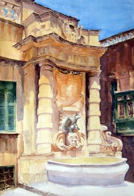 Ζωγραφική με τίτλο "Fountain in Palace…" από Andrew Borg, Αυθεντικά έργα τέχνης