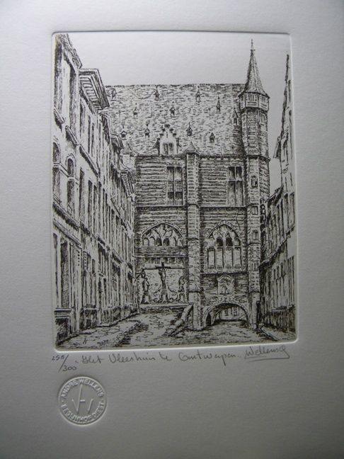 Tekening getiteld "Vleeshuis" door Andre Wellens, Origineel Kunstwerk