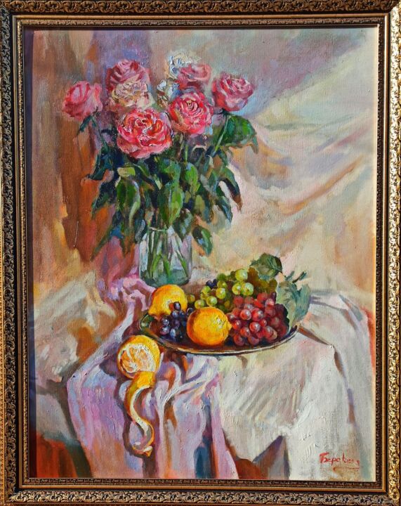 Картина под названием "Roses and fruits" - Andrey Berekelia, Подлинное произведение искусства, Масло