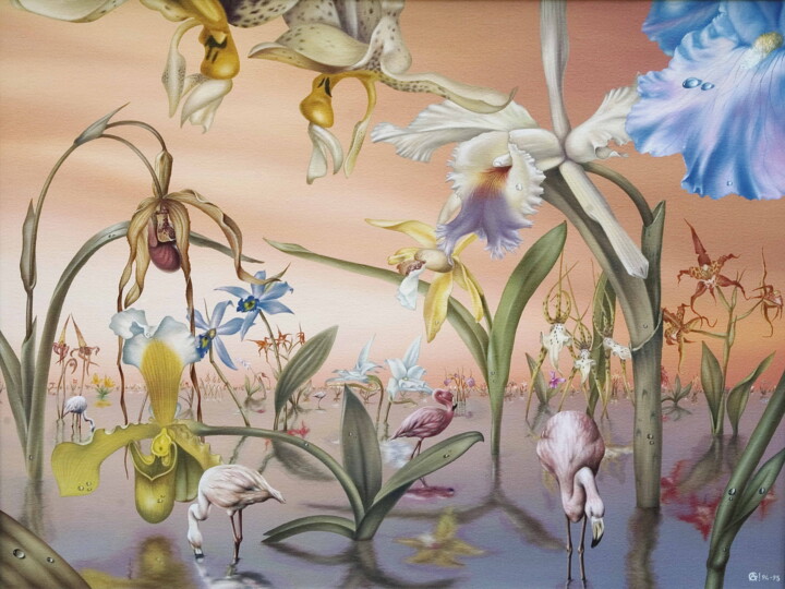 Картина под названием "Фламинго в саду орх…" - Андрей Горенков, Подлинное произведение искусства, Масло