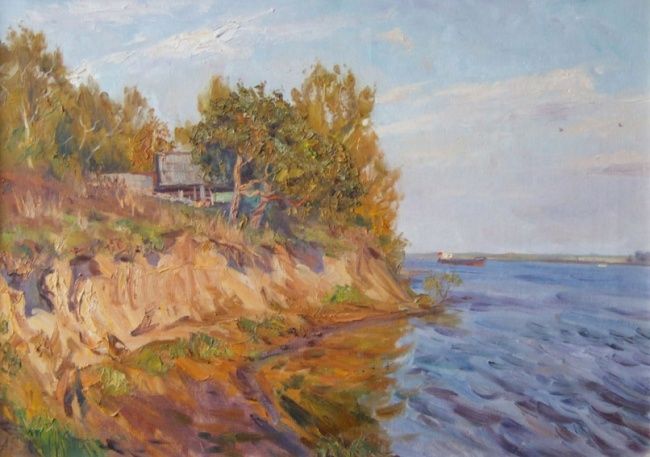 Pittura intitolato "Bank of the Volga" da Andrey Gorodnichev, Opera d'arte originale