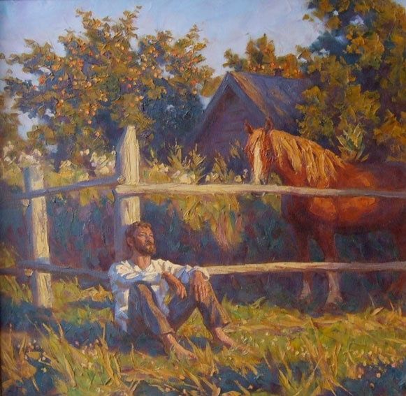 Painting titled "Evening in August" by Andrey Gorodnichev, Original Artwork, Oil Mounted on Wood Stretcher frame