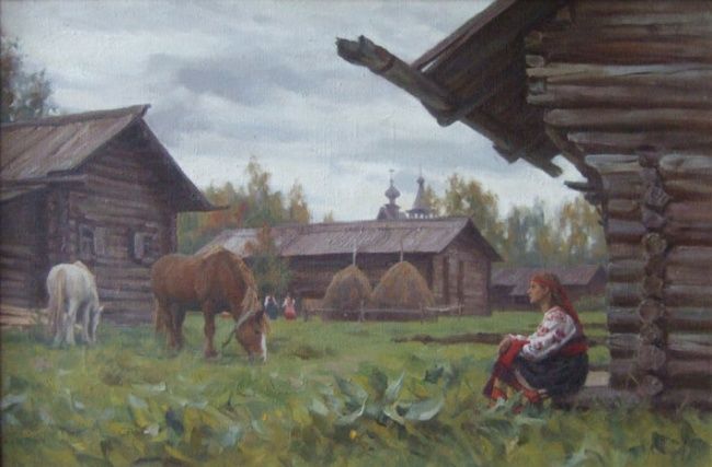 Painting titled "At the Drying House" by Andrey Gorodnichev, Original Artwork