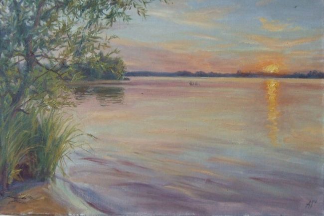 Painting titled "Sunset on the Volga" by Andrey Gorodnichev, Original Artwork