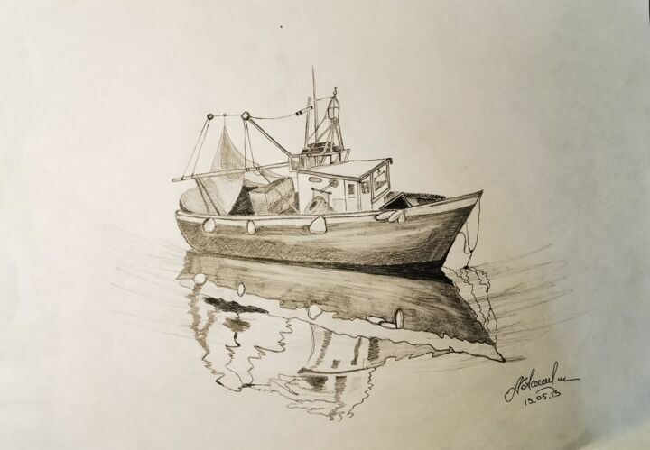 Fishing Boat, Drawing by Andrey Karbanovich Art | Artmajeur