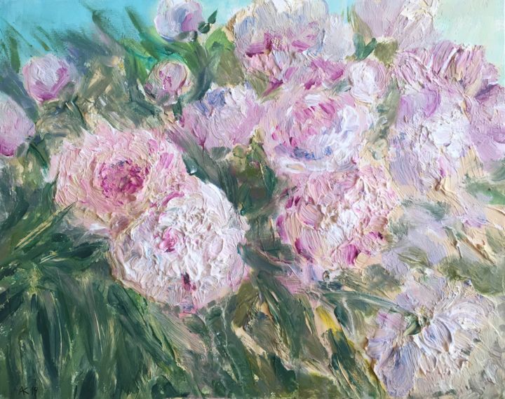 Painting titled "Peony blossom" by Andrey Kryuk, Original Artwork, Acrylic