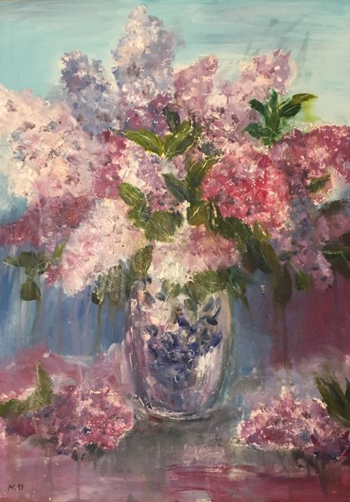 Painting titled "Lilac bouquet" by Andrey Kryuk, Original Artwork, Acrylic Mounted on Cardboard