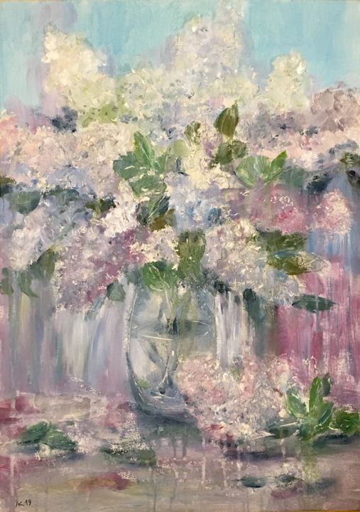 Pittura intitolato "Lilac branch." da Andrey Kryuk, Opera d'arte originale, Acrilico Montato su Cartone