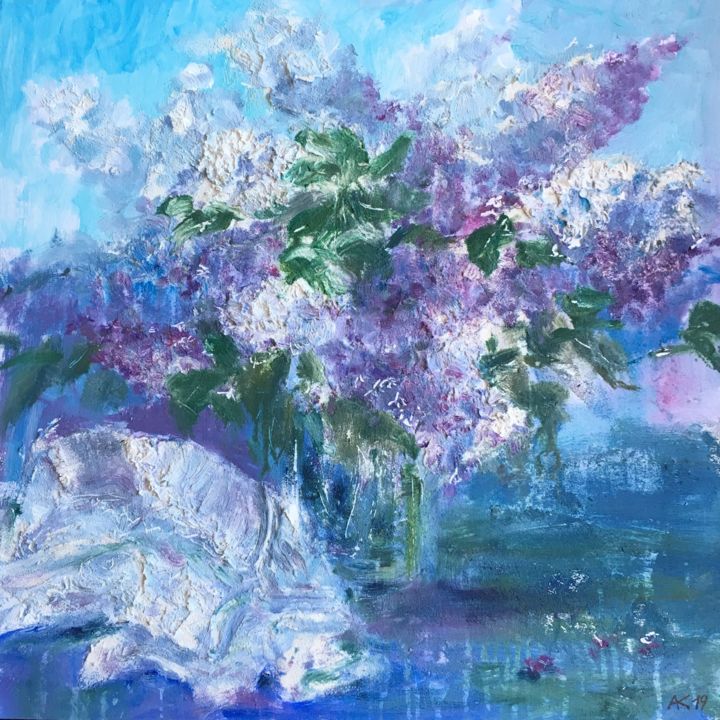 Painting titled "Lilac and lace" by Andrey Kryuk, Original Artwork, Acrylic Mounted on Cardboard
