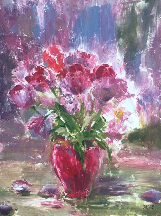 Painting titled "Tulips in red vase" by Andrey Kryuk, Original Artwork, Acrylic Mounted on Cardboard