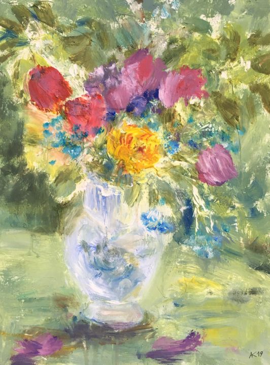 Картина под названием "Bouquet with tulips" - Andrey Kryuk, Подлинное произведение искусства, Акрил Установлен на картон