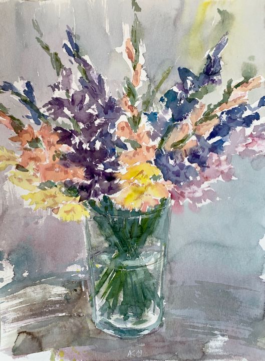 Painting titled "Gladioluses in vase" by Andrey Kryuk, Original Artwork, Watercolor