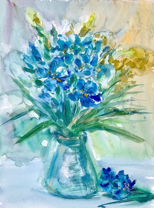 제목이 "Bouquet with irises"인 미술작품 Andrey Kryuk로, 원작, 수채화