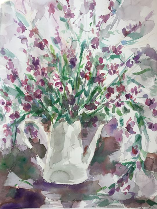 Painting titled "Sweet peas" by Andrey Kryuk, Original Artwork, Watercolor