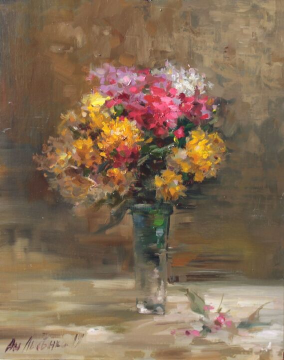 Painting titled "Evening bouquet" by Andrey Lyssenko, Original Artwork, Oil Mounted on Cardboard