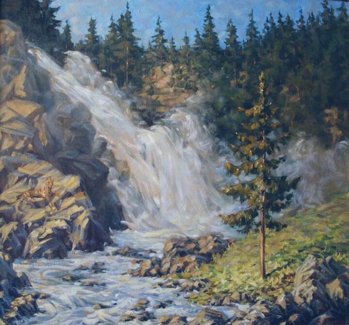 Painting titled "At the waterfall" by Andrey Lyssenko, Original Artwork, Oil Mounted on Wood Stretcher frame