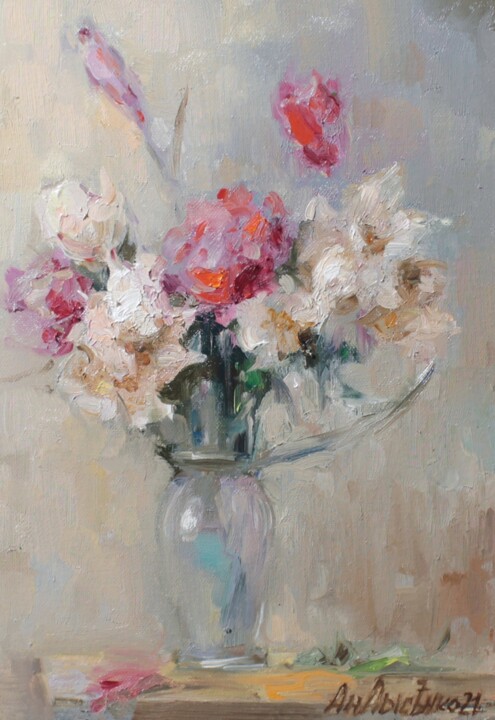 Painting titled "Bouquet of flowers" by Andrey Lyssenko, Original Artwork, Oil Mounted on Wood Stretcher frame