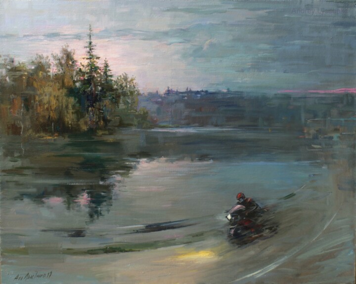 Painting titled "Knight of the road" by Andrey Lyssenko, Original Artwork, Oil Mounted on Wood Stretcher frame