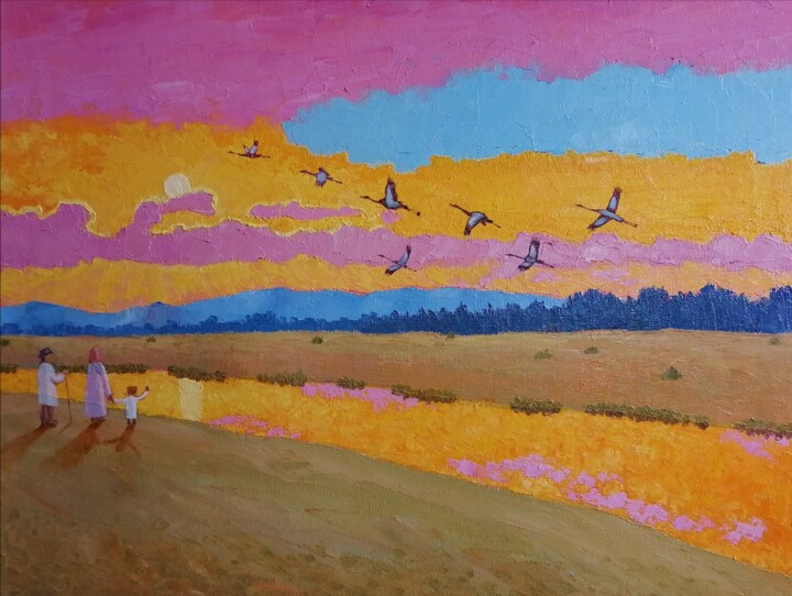 Pintura intitulada "oil painting "Crane…" por Andrey Nesterov, Obras de arte originais, Óleo