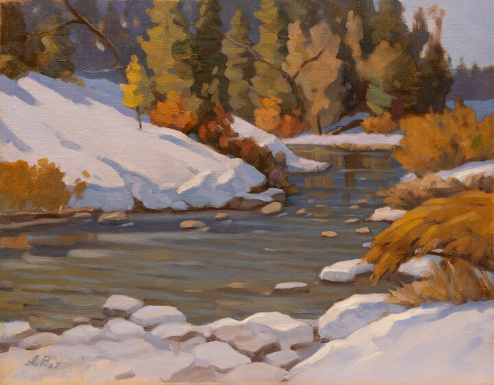 Painting titled "Rocky River" by Andrey Pingachev, Original Artwork, Oil Mounted on Cardboard