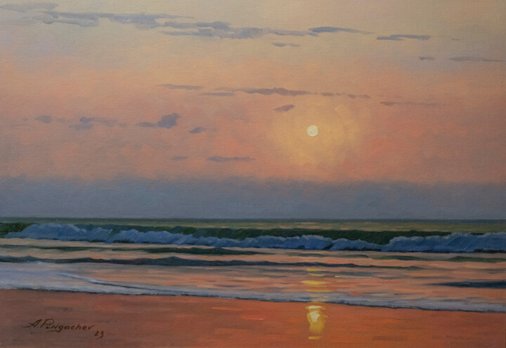 Painting titled "Evening surf #2" by Andrey Pingachev, Original Artwork, Oil Mounted on Cardboard