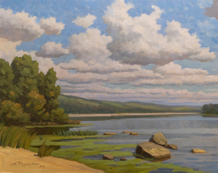 Pintura titulada "Sunny day at the la…" por Andrey Pingachev, Obra de arte original, Oleo Montado en Cartulina