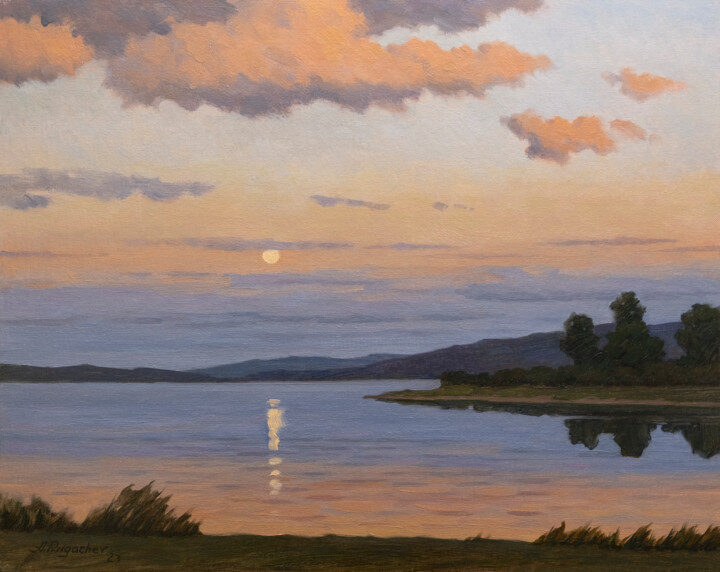 Pittura intitolato "Evening moon" da Andrey Pingachev, Opera d'arte originale, Olio Montato su Cartone