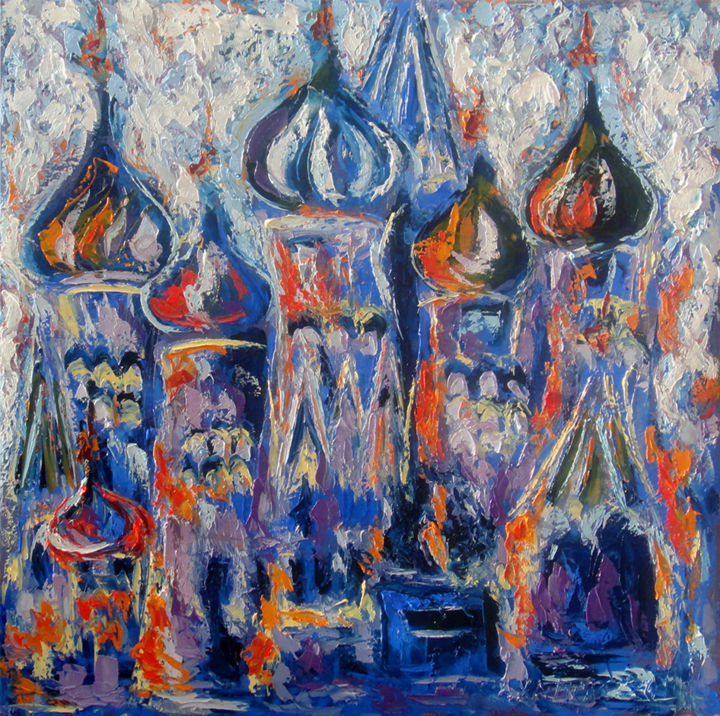Pittura intitolato "Собор в голубом" da Andrei Sakhapov, Opera d'arte originale, Olio Montato su Telaio per barella in legno