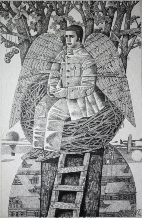 Dessin intitulée "Man-Bird" par Andrey Simakov, Œuvre d'art originale, Encre