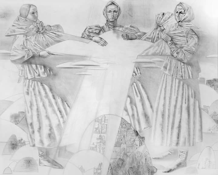 「Winter sisters. Dra…」というタイトルの描画 Andrey Simakovによって, オリジナルのアートワーク, インク