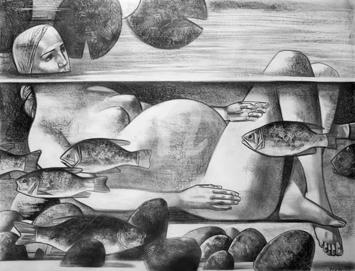 Drawing titled "River. Drawing" by Andrey Simakov, Original Artwork, Ink