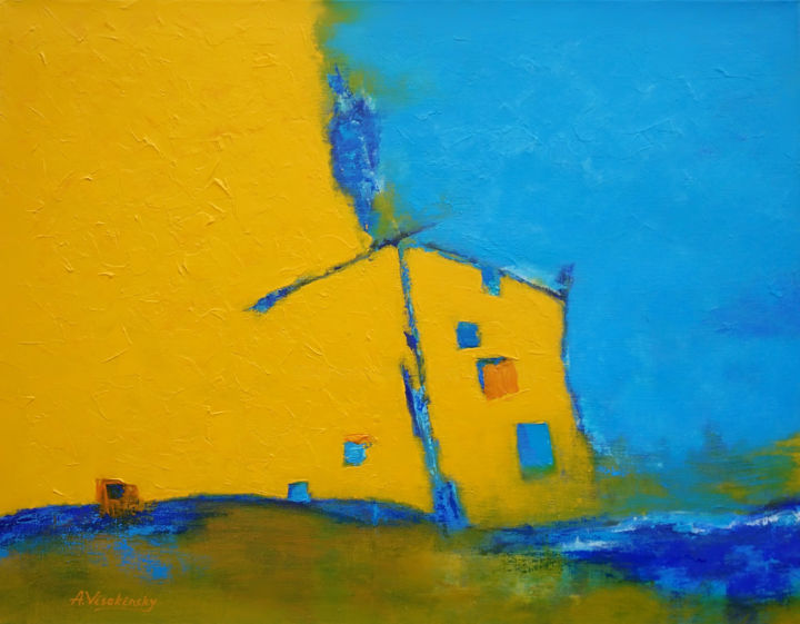 Painting titled "House near the wate…" by Andrey Visokinsky, Original Artwork, Acrylic Mounted on Wood Stretcher frame