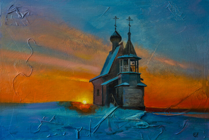 Malerei mit dem Titel "Часовня на закате" von Andrei Iakovlev, Original-Kunstwerk, Öl