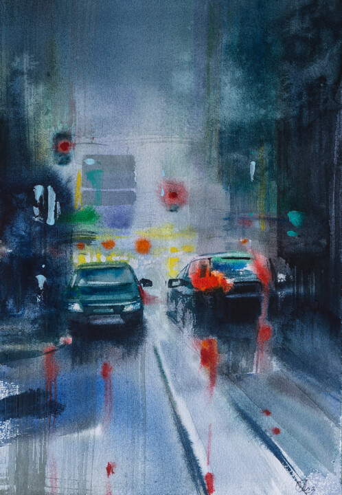 Painting titled "Вечерний город" by Андрей Яковлев, Original Artwork, Watercolor