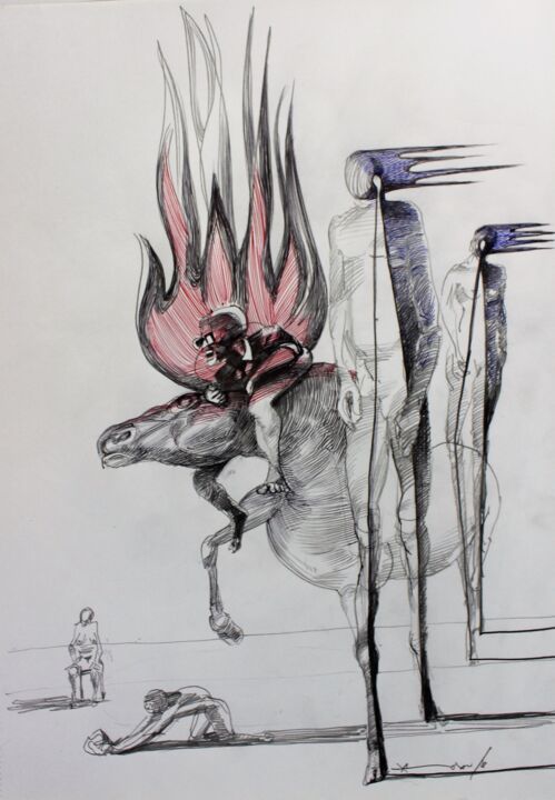 Drawing titled "burning attraction" by Andrey Zhokhov, Original Artwork, Gel pen