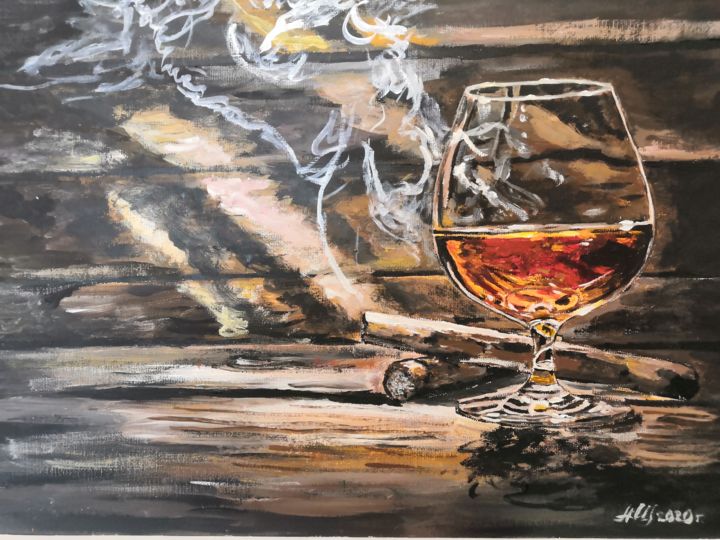Картина под названием "Two cigares and whi…" - Andrey Schukin, Подлинное произведение искусства, Акрил