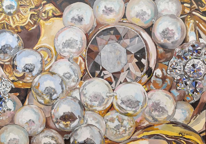 Картина под названием "Бусы на золоте" - Andrey Schukin, Подлинное произведение искусства, Акрил Установлен на Деревянная ра…