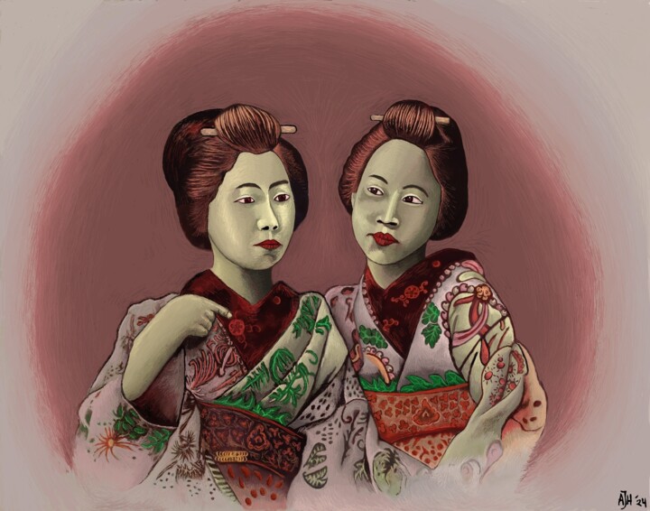 Digitale Kunst mit dem Titel "Two Japanese women" von Andries De Jong, Original-Kunstwerk, Digitale Malerei