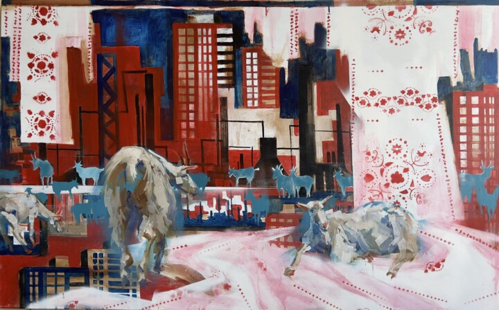 Painting titled "Untitled (with goat…" by Andrii Davydenko, Original Artwork, Oil Mounted on Wood Stretcher frame