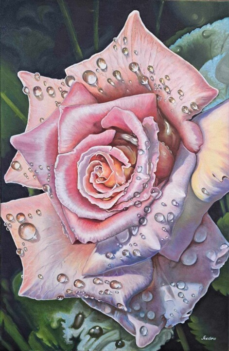 Painting titled "Rose in the morning" by Andrii Kovalev, Original Artwork, Oil Mounted on Wood Stretcher frame