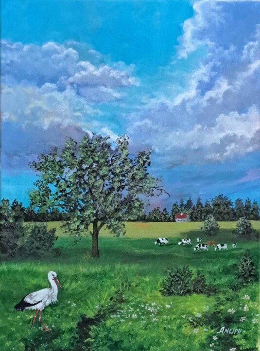 Painting titled "In the village" by Andrii Kovalev, Original Artwork, Acrylic Mounted on Wood Stretcher frame