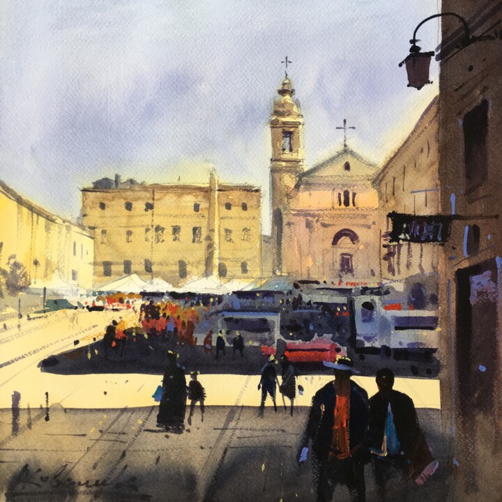 Картина под названием "Market square of th…" - Andrii Kovalyk, Подлинное произведение искусства, Акварель
