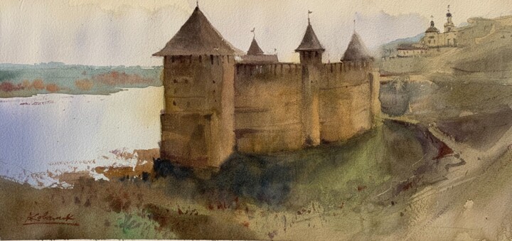 Картина под названием "Khotyn Fortress. Vi…" - Andrii Kovalyk, Подлинное произведение искусства, Акварель