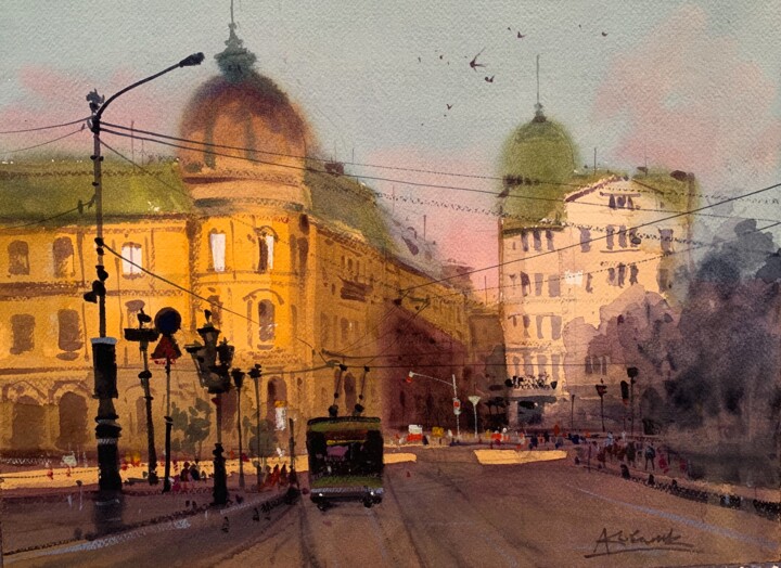 Painting titled "Sunny Morning in Lv…" by Andrii Kovalyk, Original Artwork, Watercolor
