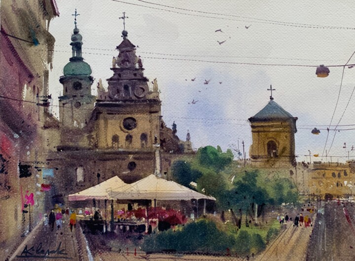 Painting titled "City landscape. Lviv" by Andrii Kovalyk, Original Artwork, Watercolor
