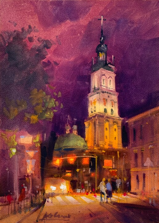 Pittura intitolato "Night light. The ci…" da Andrii Kovalyk, Opera d'arte originale, Acquarello