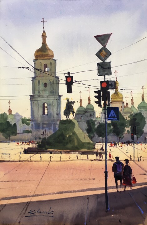 Картина под названием "Sofia square. Kyiv" - Andrii Kovalyk, Подлинное произведение искусства, Акварель