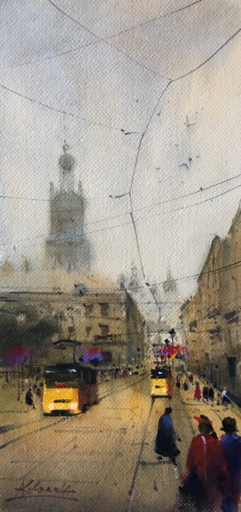 Картина под названием "City of Lviv. Fog" - Andrii Kovalyk, Подлинное произведение искусства, Акварель