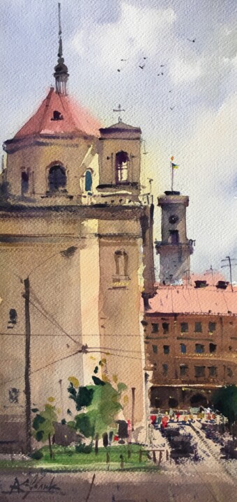 Painting titled "Lviv city" by Andrii Kovalyk, Original Artwork, Watercolor